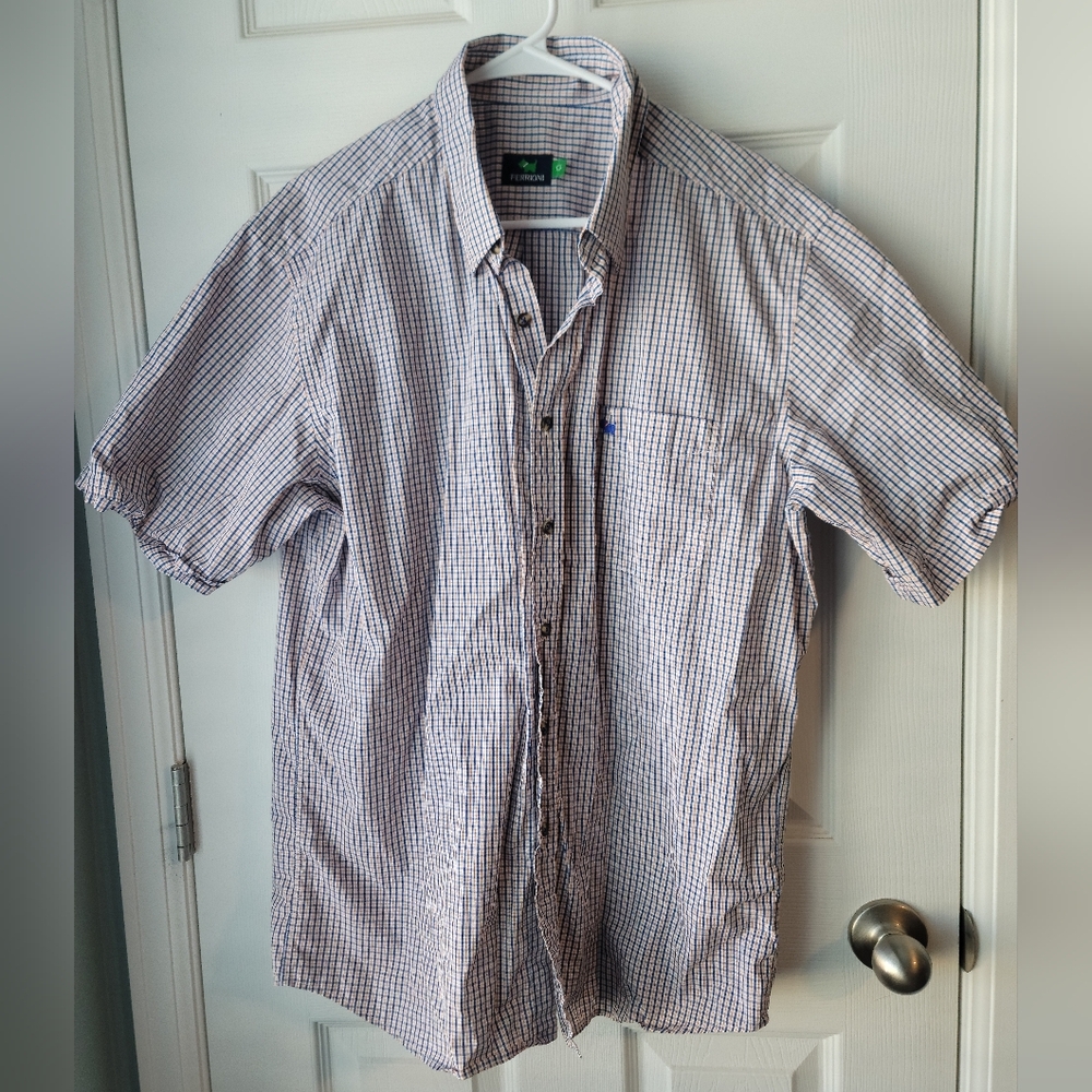 Ferrioni Collection Blue White & Orange Plaid W/Pocket Short Sleeve Button  SZL